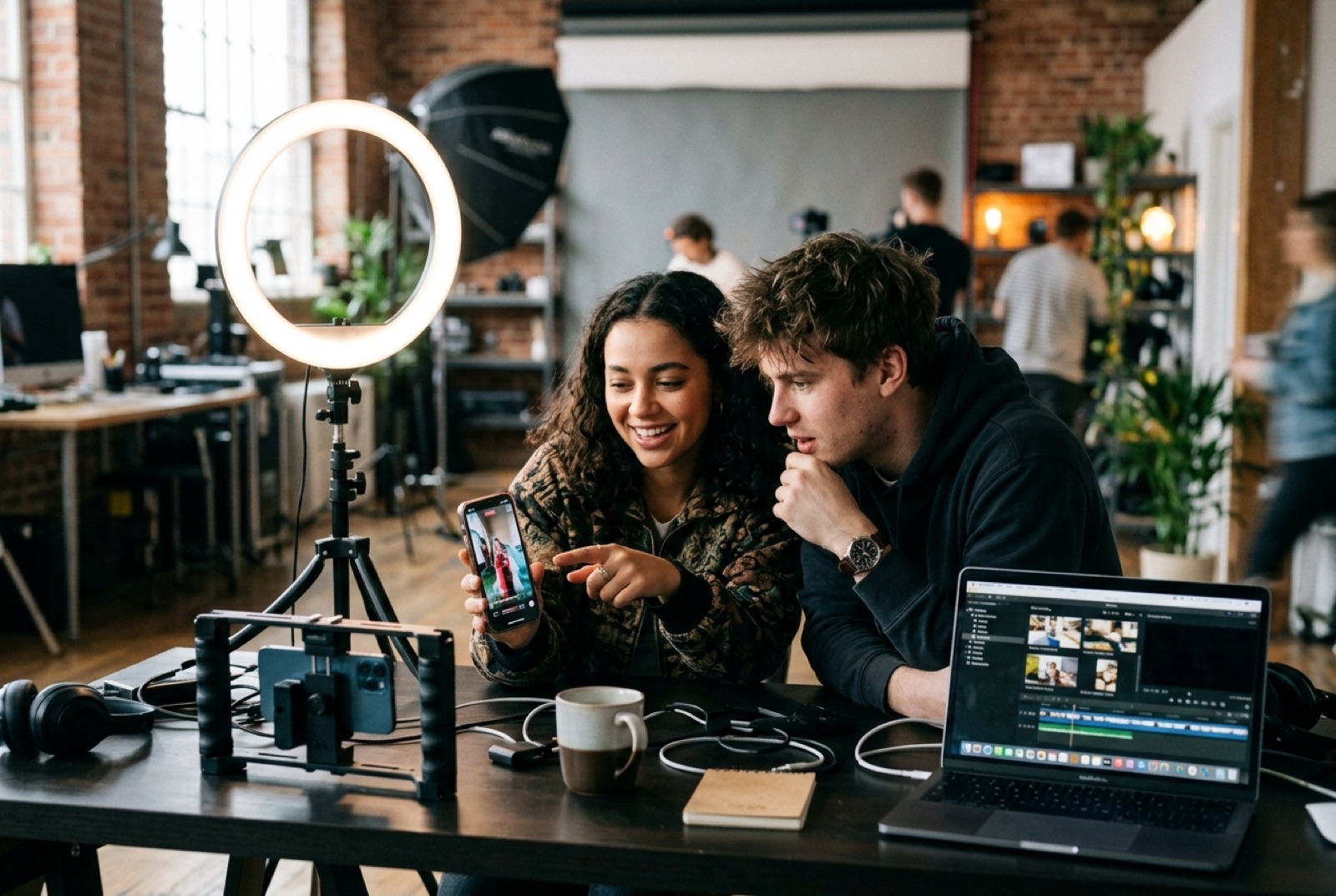 Twee creators bekijken samen verticale video's op een telefoon aan een studiotafel