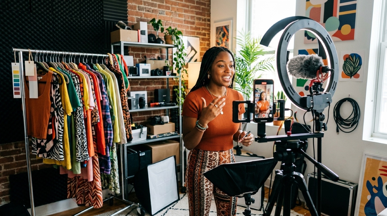 Compacte creator-studio met telefoon op rig, ringlamp en kledingrek voor batch-content