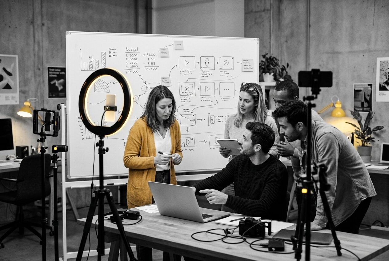 Creatief team dat aan een tafel met laptop en whiteboard een maandbudget voor socialmedia-videoadvertenties uitrekent.