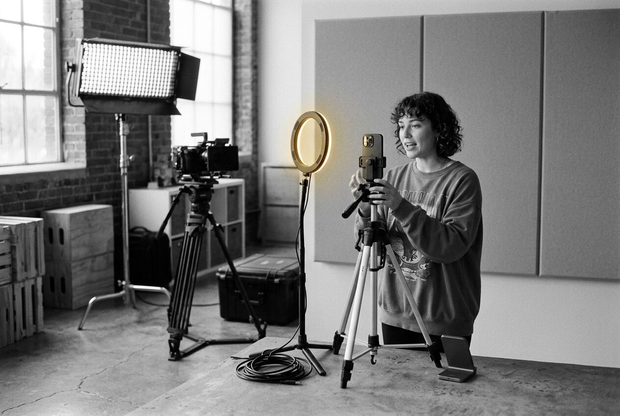 Een maker filmt een verticale video met een smartphone op statief in een kleine studio, terwijl op de achtergrond een professionele camera en lampen klaarstaan.